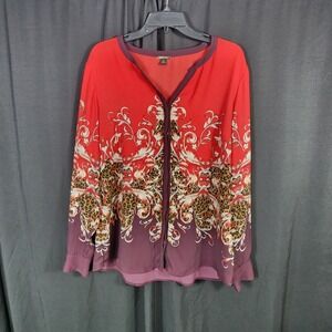 Women Red Purple Leopard Scroll Print Button Front Blouse Size 14 Mobwife Medusa